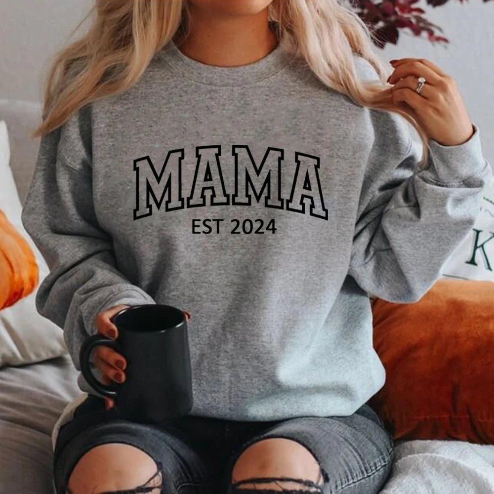 Mama Est 2024 Sweatshirt Mothers Day Gift Women Long Sleeve Crewneck Sweatshirts Personalized Hoodie New Mom Gift Mama Pullovers