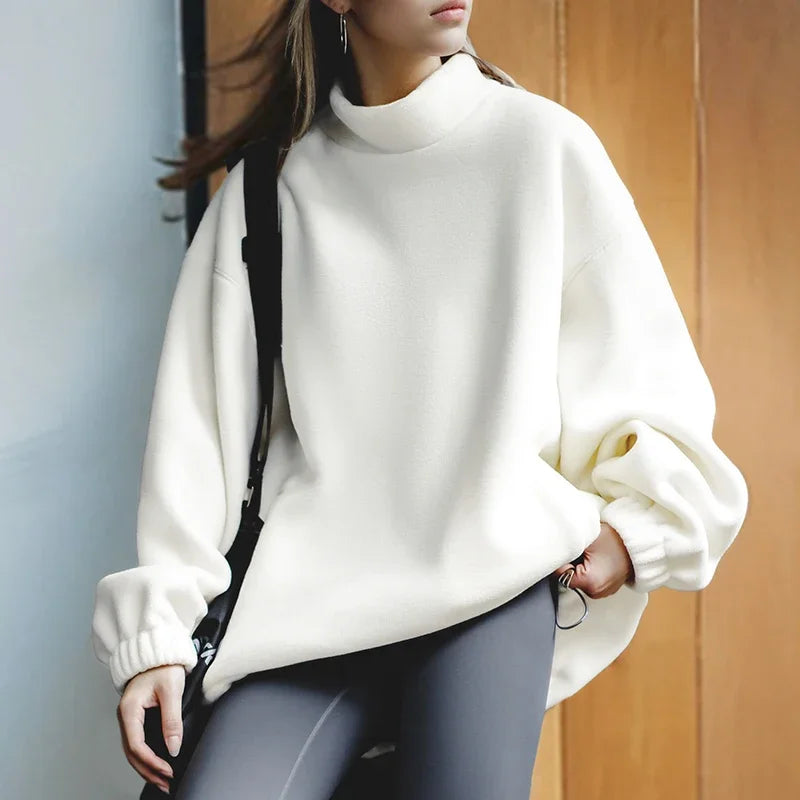 Maden Women’s Fleece Sweatshirt 370gsm Stand Collar Oversized Loose Pullover Unisex Thick Warm Autumn Winter Basic Sweatshirt