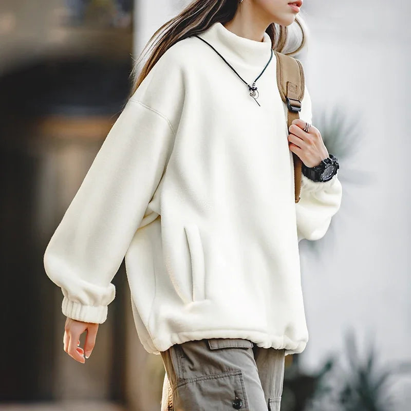 Maden Women’s Fleece Sweatshirt 370gsm Stand Collar Oversized Loose Pullover Unisex Thick Warm Autumn Winter Basic Sweatshirt
