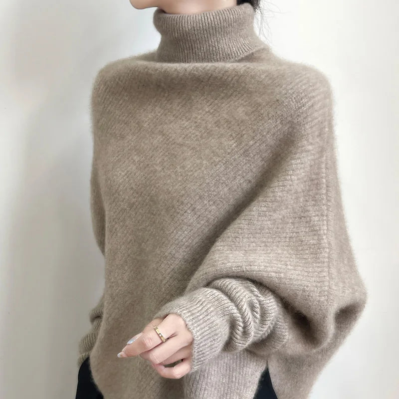 100% Merino Wool Autumn Winter Batwing Sleeves High Neck Pullover Long Sleeve Knitwear Trendy Stylish Warm Women Cashmere Top