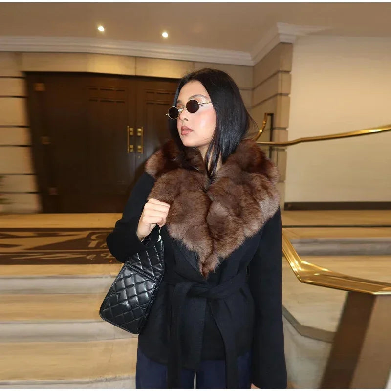 Elegant Shawl Faux Fur Women Coat Lace Up Full Sleeve Belted Waist Lapel Woolen Female Jacket 2025 Autumn Winter Lady Outwears