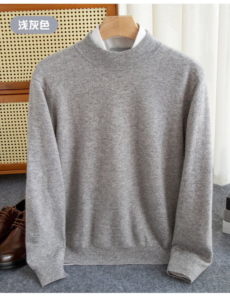New Fashion Men's 100% Wool Pullover Half-high Collar Sweater Autumn Winter Warm Solid Color Knit Sweater Business Casual Top