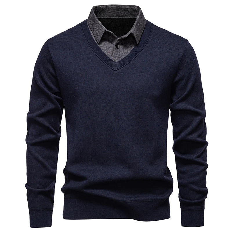 Autumn Winter Men's Fake Two-Piece Knitted Pullovers Fashion Slim Fit Turn Down Collar Knit Sweater Men Fleece Warm Pullovers