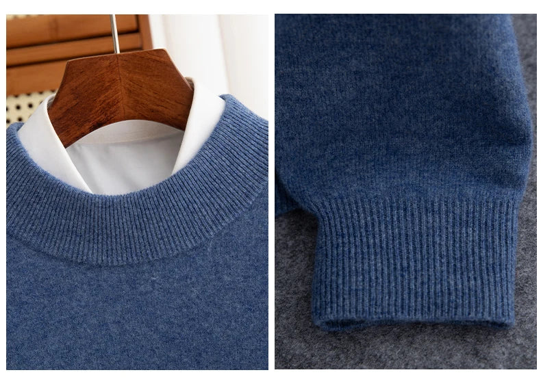 New Fashion Men's 100% Wool Pullover Half-high Collar Sweater Autumn Winter Warm Solid Color Knit Sweater Business Casual Top