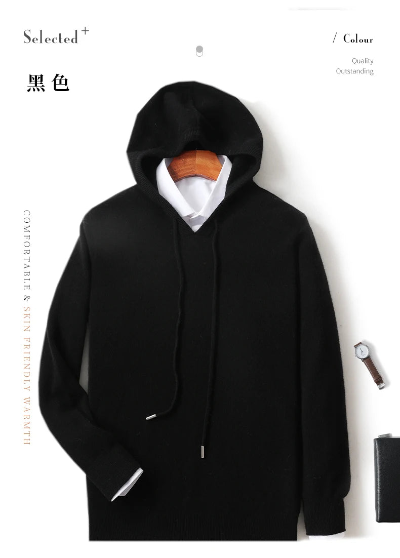 Fall/Winter 100% Pure Wool Men's Hooded Loose Thick Sweater Fashion Long Sleeve Casual Knit Top
