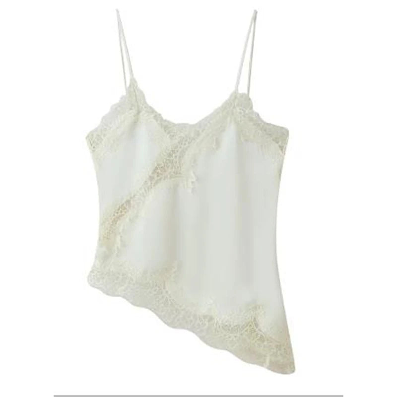 Combhasaki Women Floral Lace Trim Satin High Low Vest Silk Spaghetti Strap Side Split Asymmetrical Cami Flowy Silky Layering Top