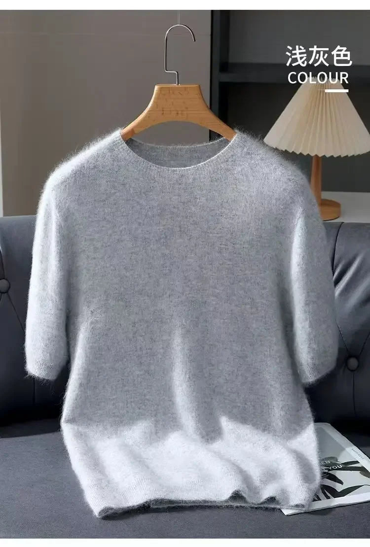 100% Mink Cashmere Knit Sweater Men's T-Shirt Spring Summer Loose O-Neck Solid Color Casual Business Base Pullover Short Sleeve