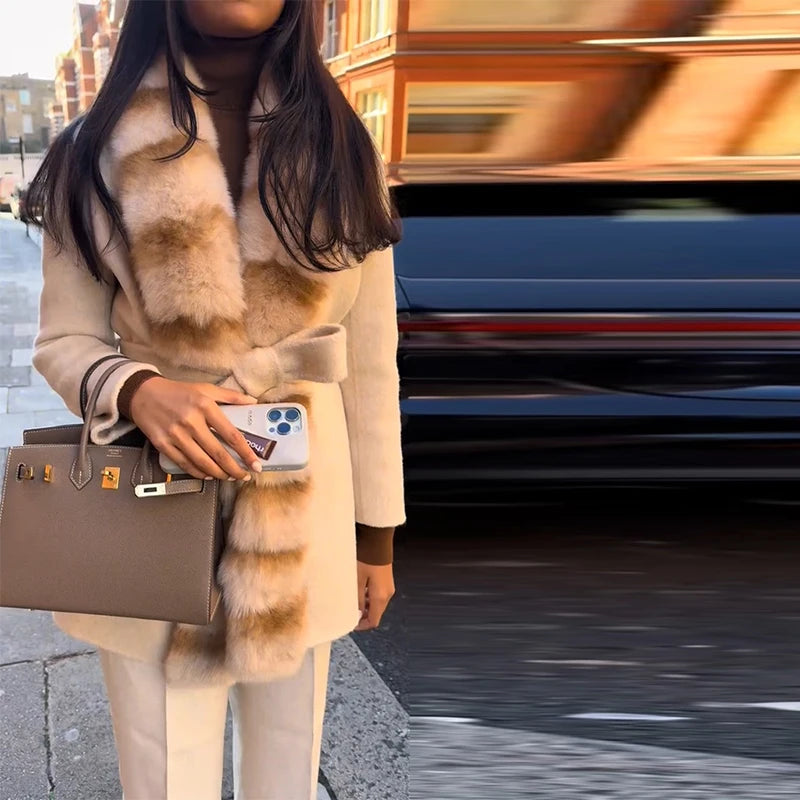 Elegant Shawl Faux Fur Women Coat Lace Up Full Sleeve Belted Waist Lapel Woolen Female Jacket 2025 Autumn Winter Lady Outwears
