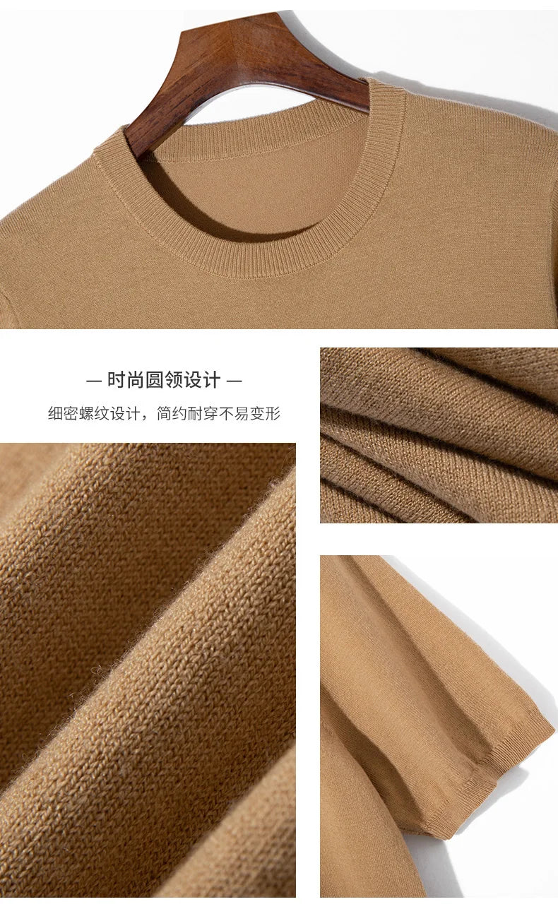 Summer Classic Short Sleeve Men Knitwear Silk Wool blend Sweater O-Neck Loose Cool Quality Business Pullover Basic Clothing Tops