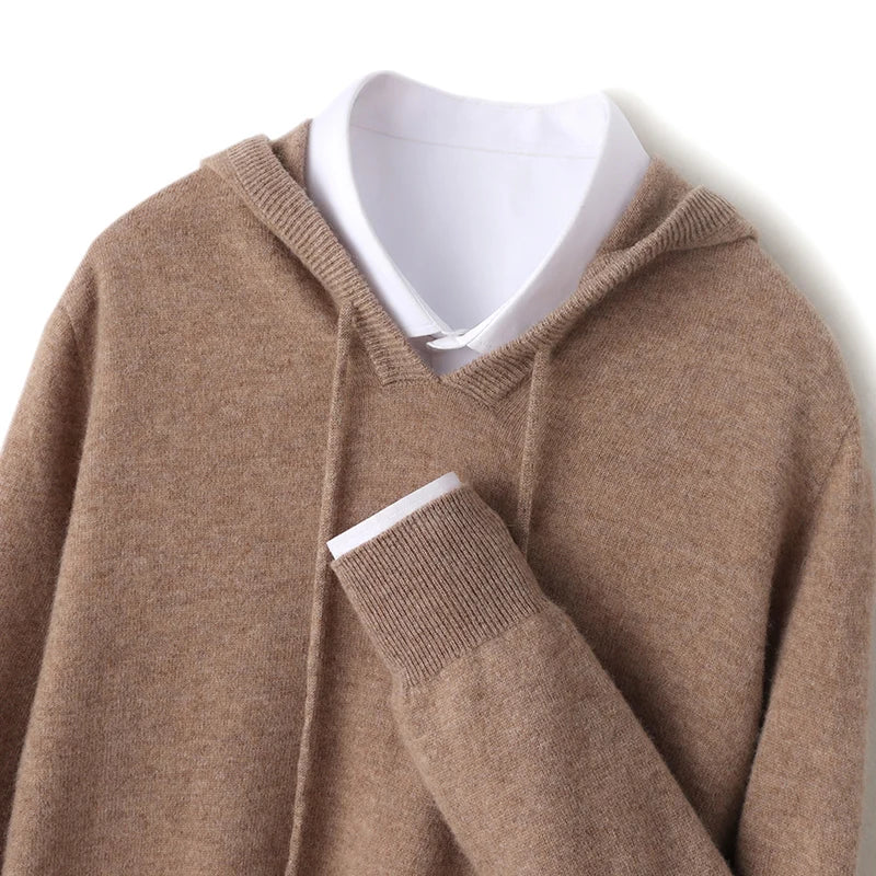 Fall/Winter 100% Pure Wool Men's Hooded Loose Thick Sweater Fashion Long Sleeve Casual Knit Top