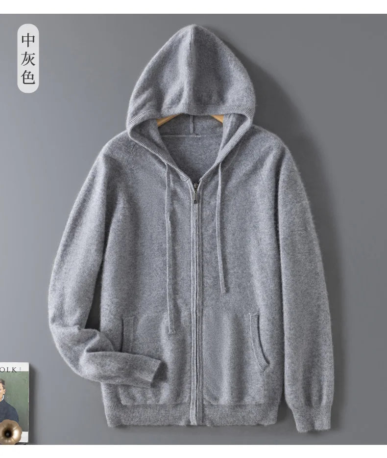 DjzDsm Autumn and Winter100% Merino Wool Men's Knitted Top Zipper Hoodie Zipper Cardigan Knitted Coat Sweater Hoodie
