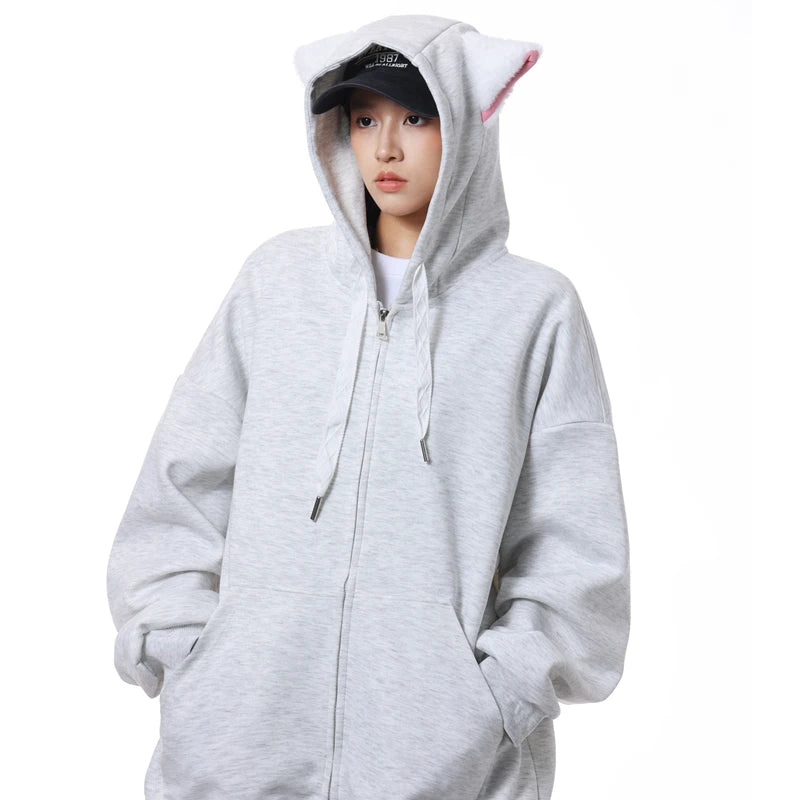 Fall Women's Fashion Zipper Cat Ears Hoodie Jacket Y2k Solid Color Cardigan Long Sleeve Oversized Hoodies for Female Sweatshirt