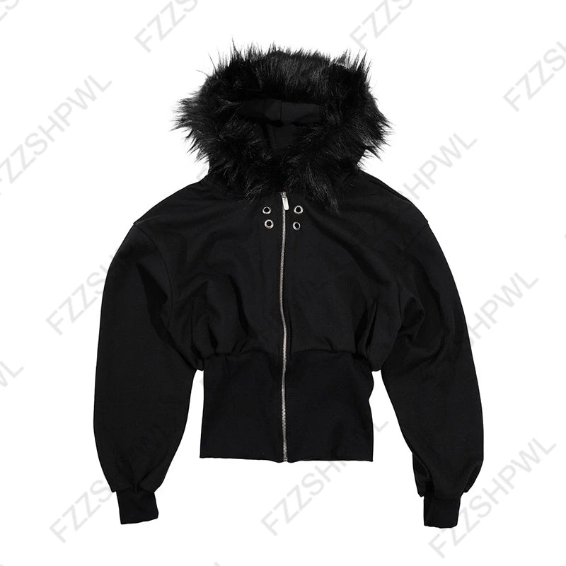 Y2K Aesthetic Women's Autumn Winter Fur Collar Sweatshirt Harajuku Gothic Punk Rock Hottie Sweatshirt Jacket Emo Girl Streetwear