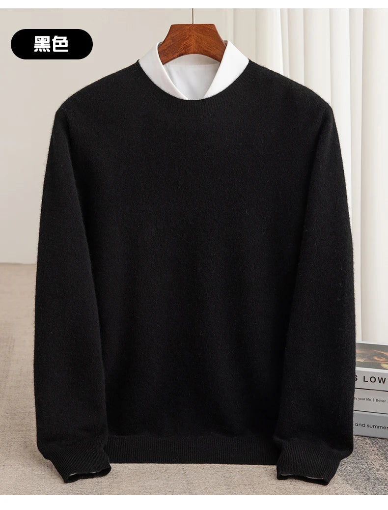 Autumn And Winter 100% Pure Wool Men's Thick Round Neck Slim-Fit  O-neck Pullover Long-Sleeved Knitted Cashmere Sweater
