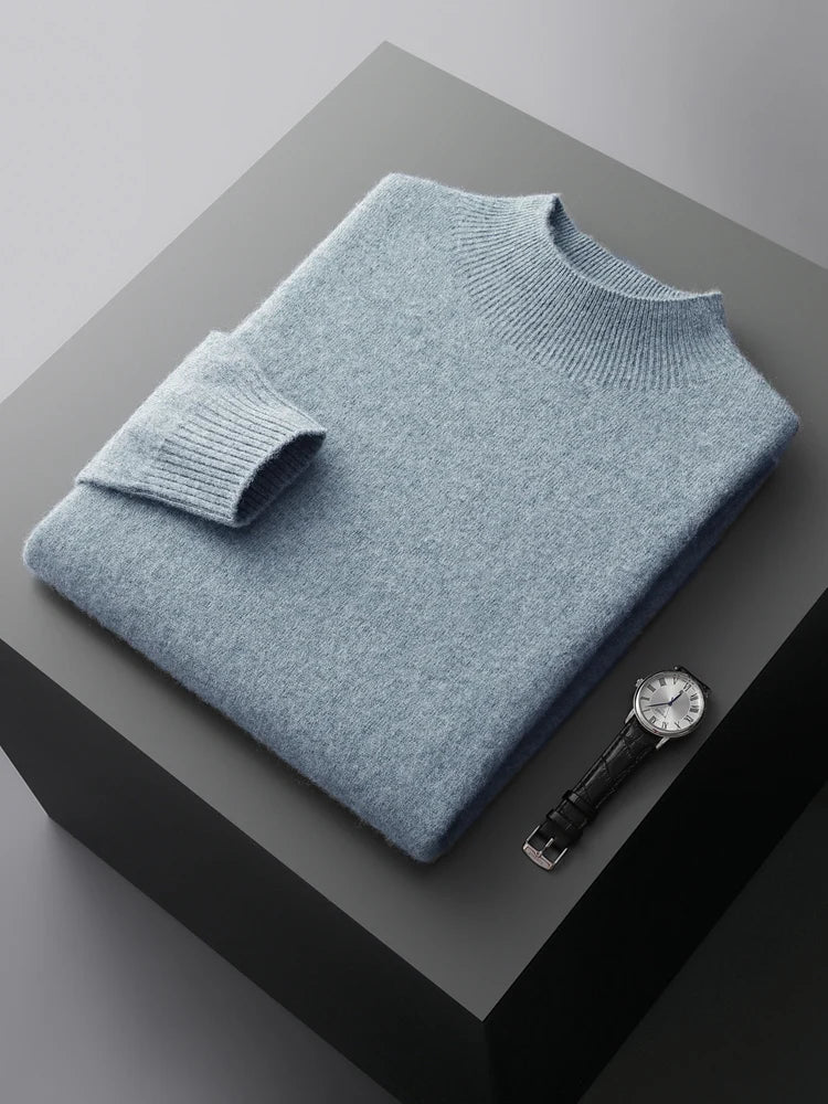 New Men's 100% Merino Wool Mock Neck Pullover Soft Warm Jumpers Quality Cashmere Sweater Casual Smart Knitwear Basic Tops Clothi