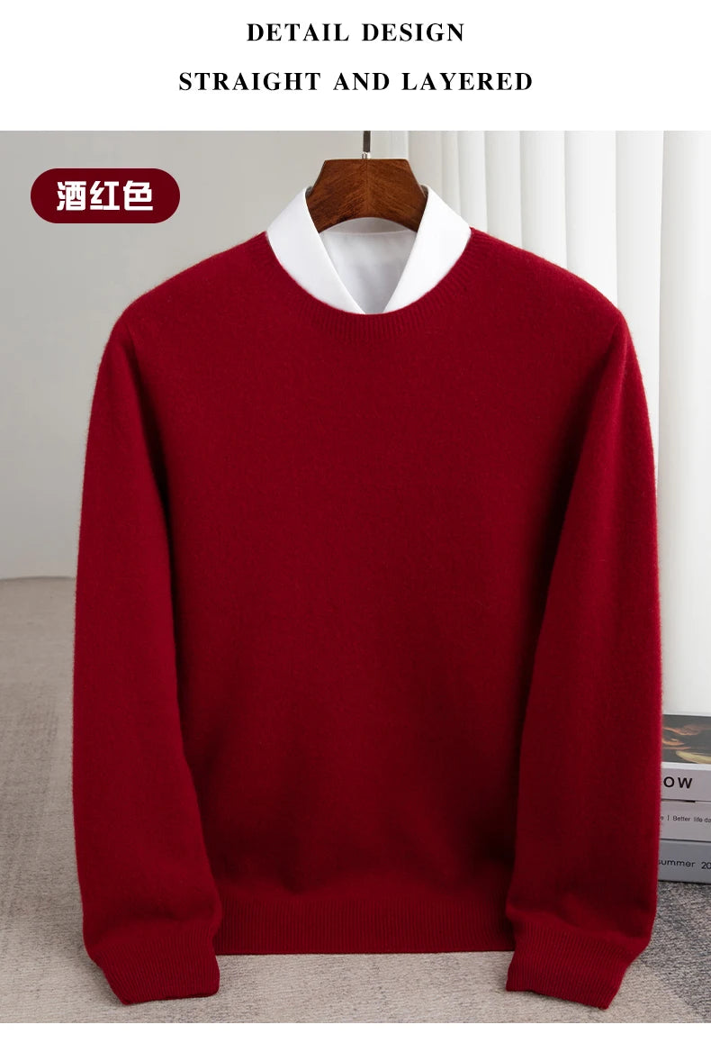 Autumn And Winter 100% Pure Wool Men's Thick Round Neck Slim-Fit  O-neck Pullover Long-Sleeved Knitted Cashmere Sweater
