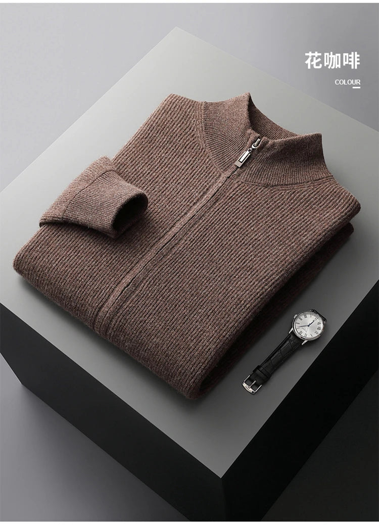 LHZSYY Men's Cashmere Knit Cardigan Middle-Aged Stand-up Collar Zip-up Coat 100%Pure Wool Autumn Winter Thick Sweater Men Jacket