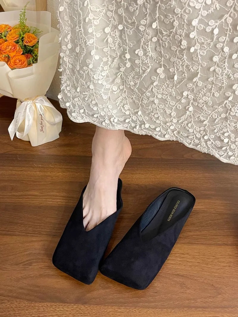 Suede Flats Women Cotton Slippers Square Toe Fashion Mules Shoes Casual Slingback Women's Winter Boots Trend Mujer Zapatos