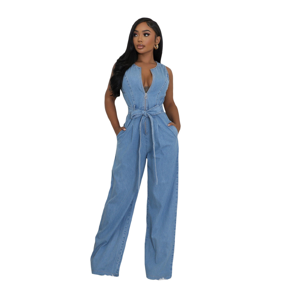 Slim-Fit Washed Denim Jumpsuit