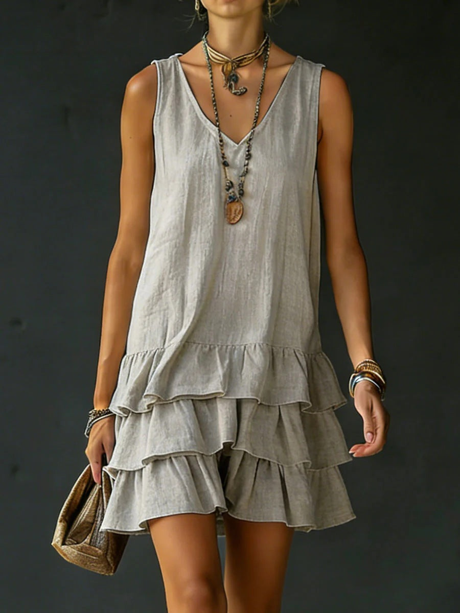 V-neck Cotton-linen Womens Fashionable Sleeveless Dress
