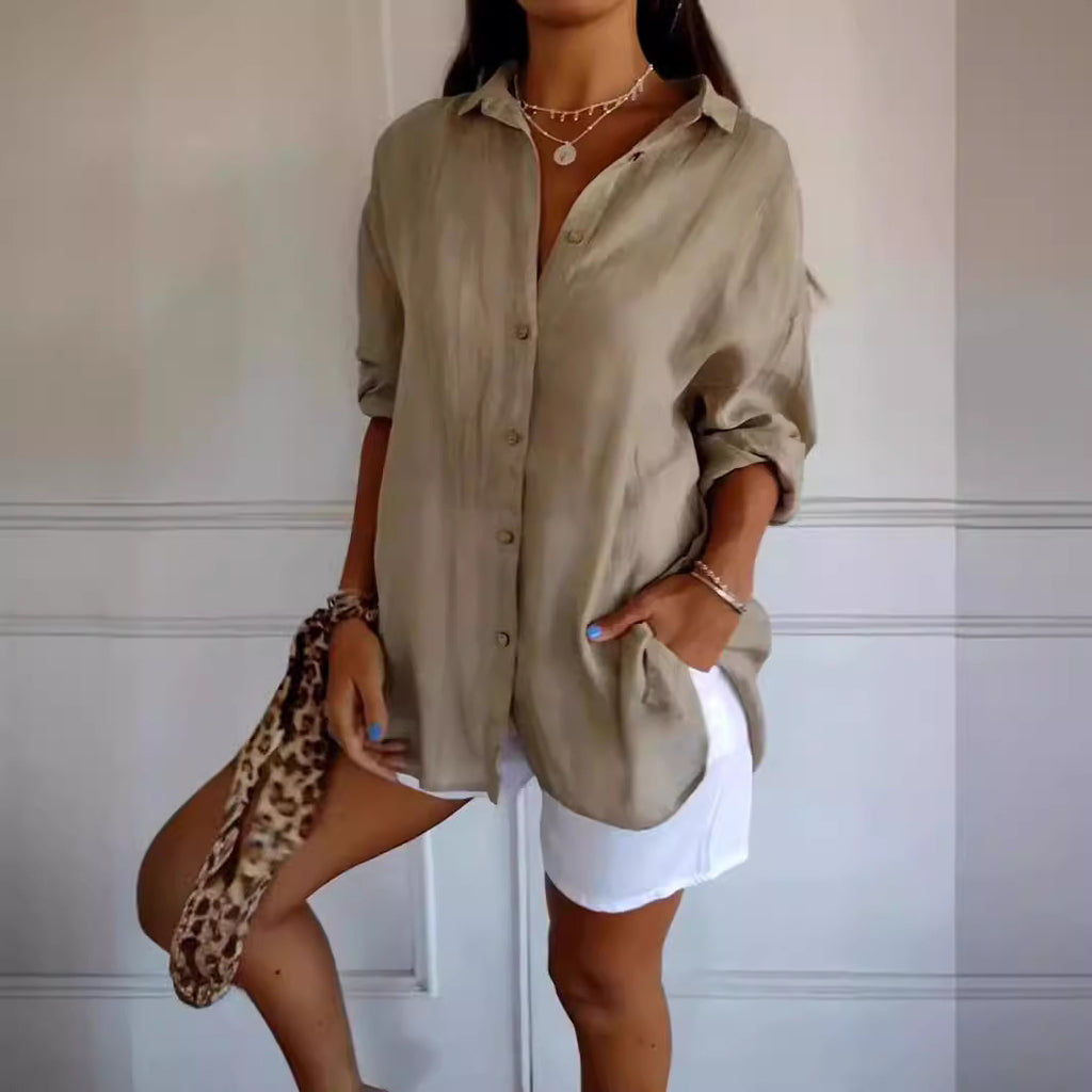Women's Pleated Lapel Button Shirt