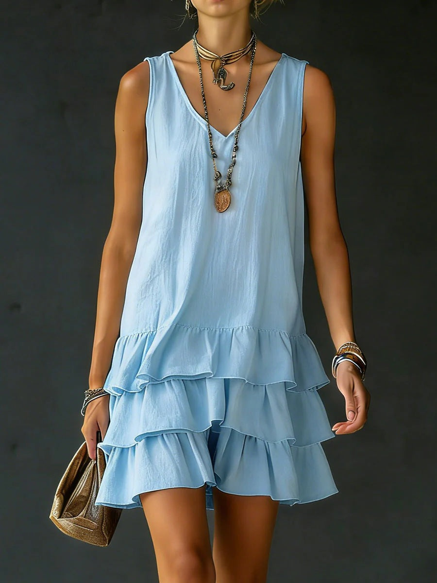 V-neck Cotton-linen Womens Fashionable Sleeveless Dress