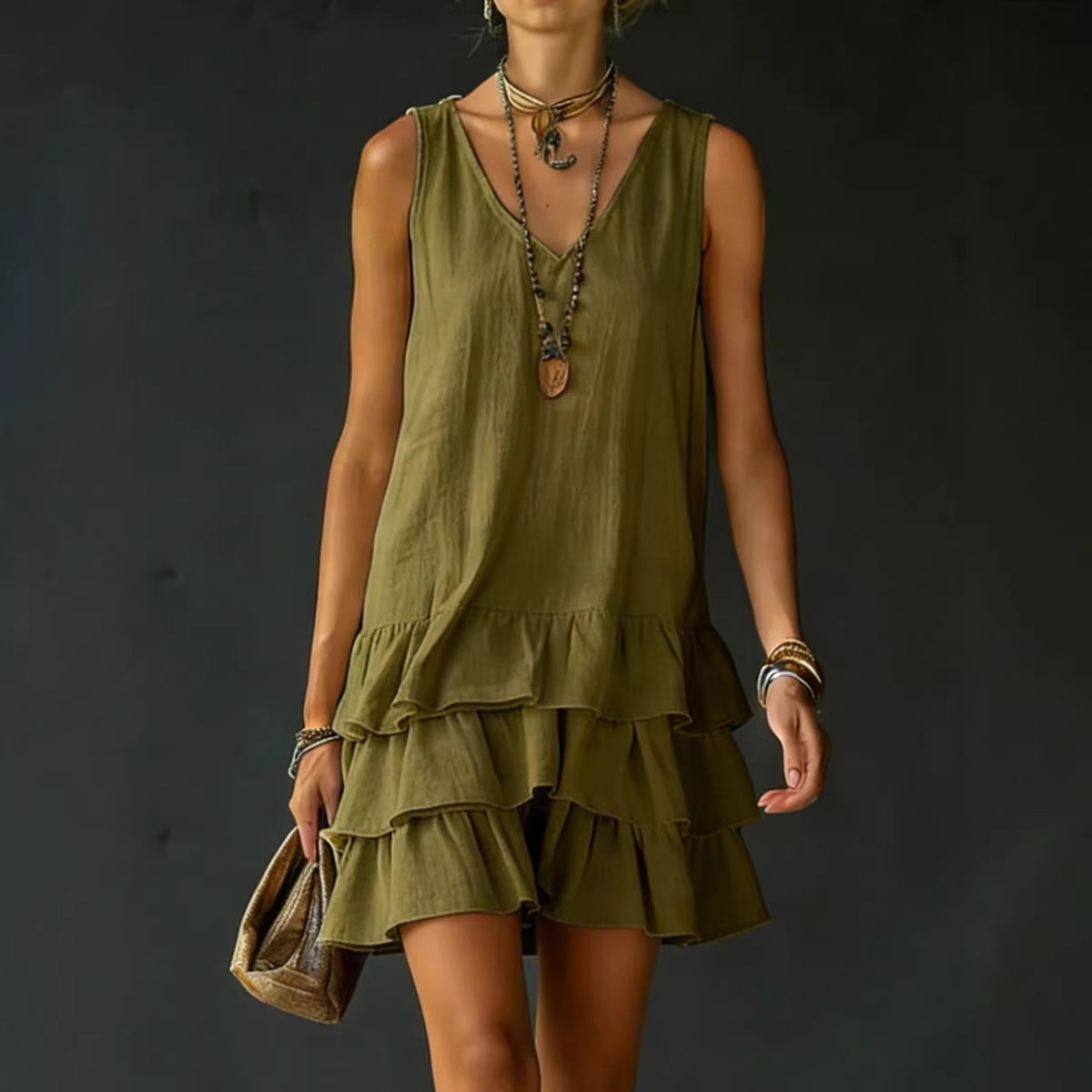 V-neck Cotton-linen Womens Fashionable Sleeveless Dress