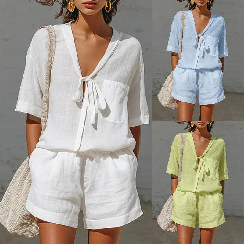 Lace-Up Cardigan & Shorts Set
