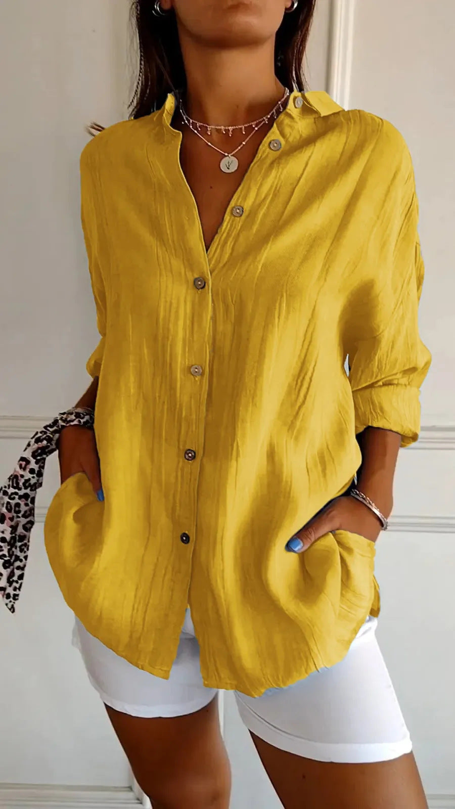Women's Pleated Lapel Button Shirt