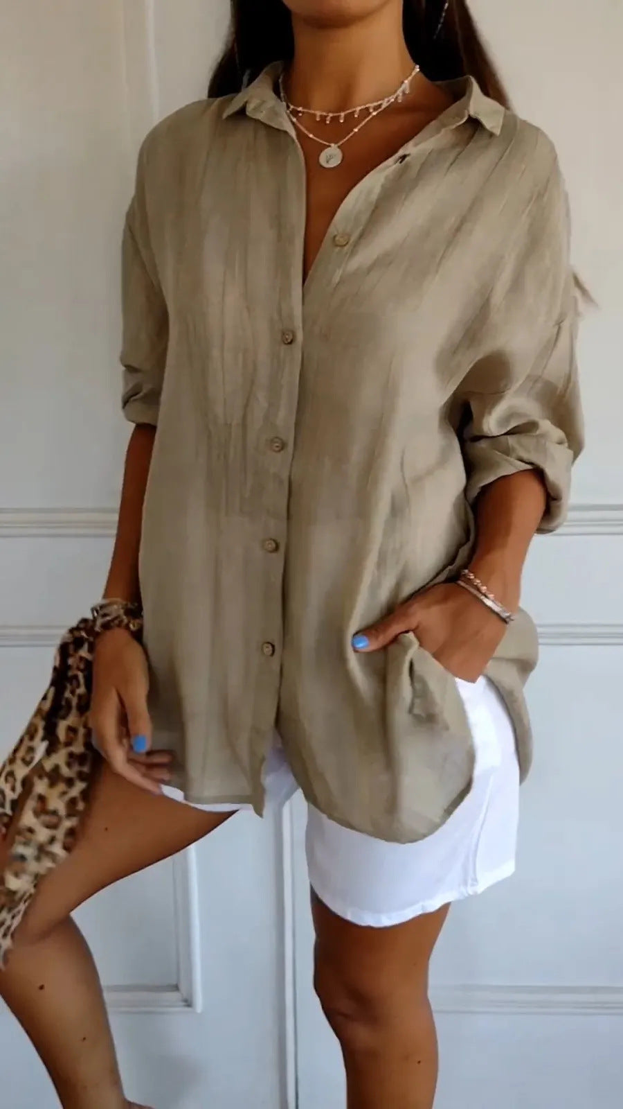 Women's Pleated Lapel Button Shirt