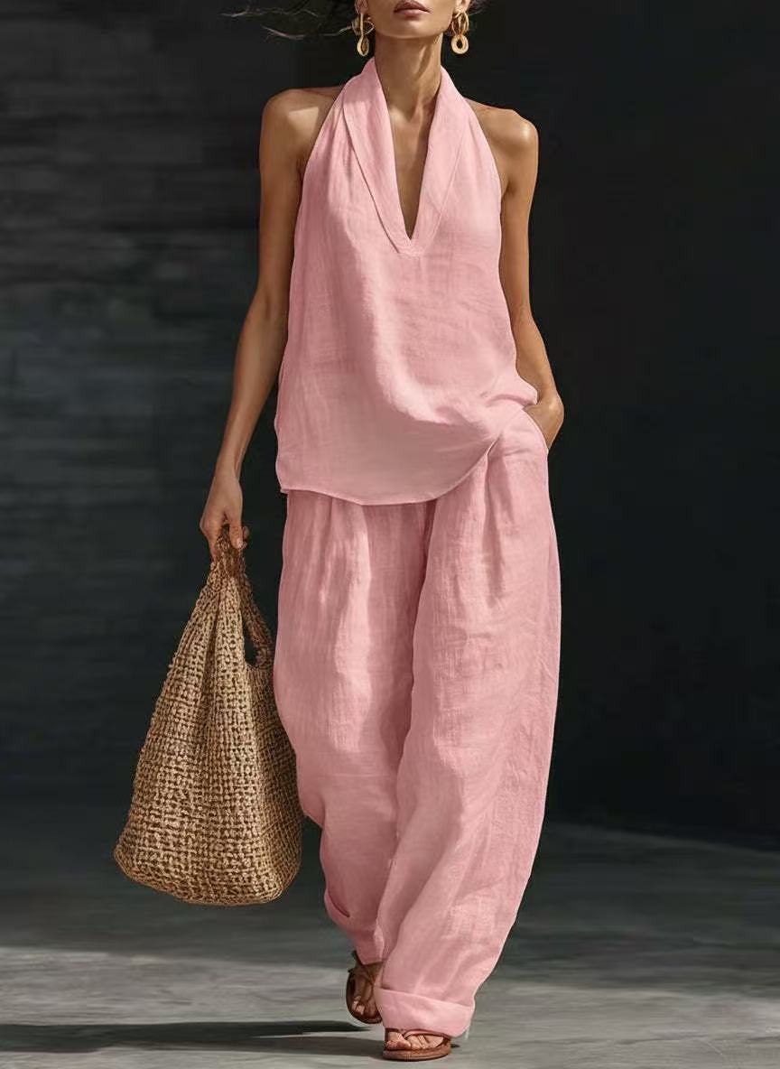 V-Neck Halter Top & Wide-Leg Pants Set