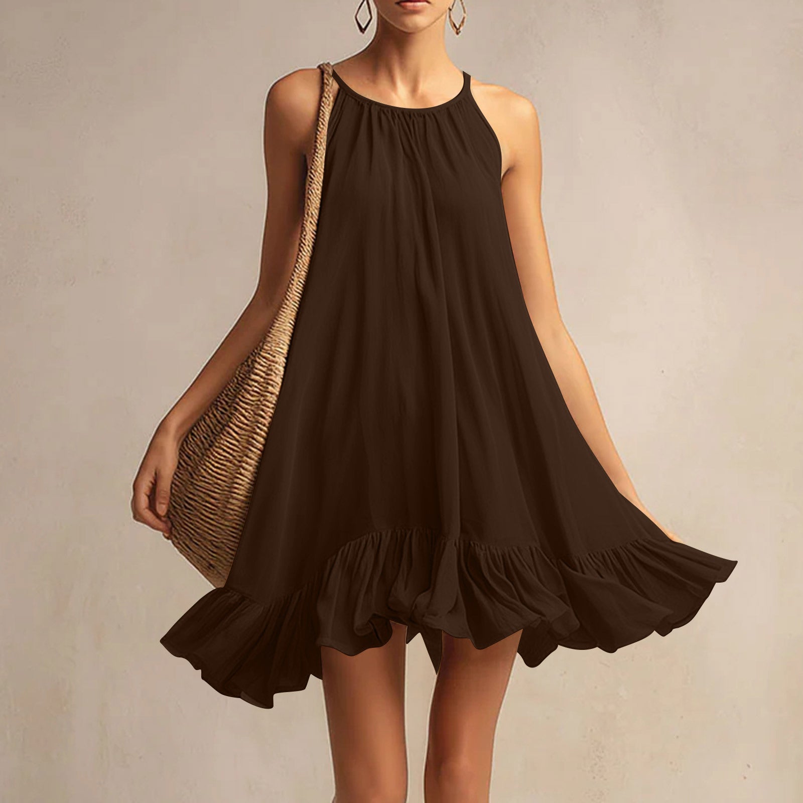 Sleeveless Pleated Womens Halterneck Casual Dress
