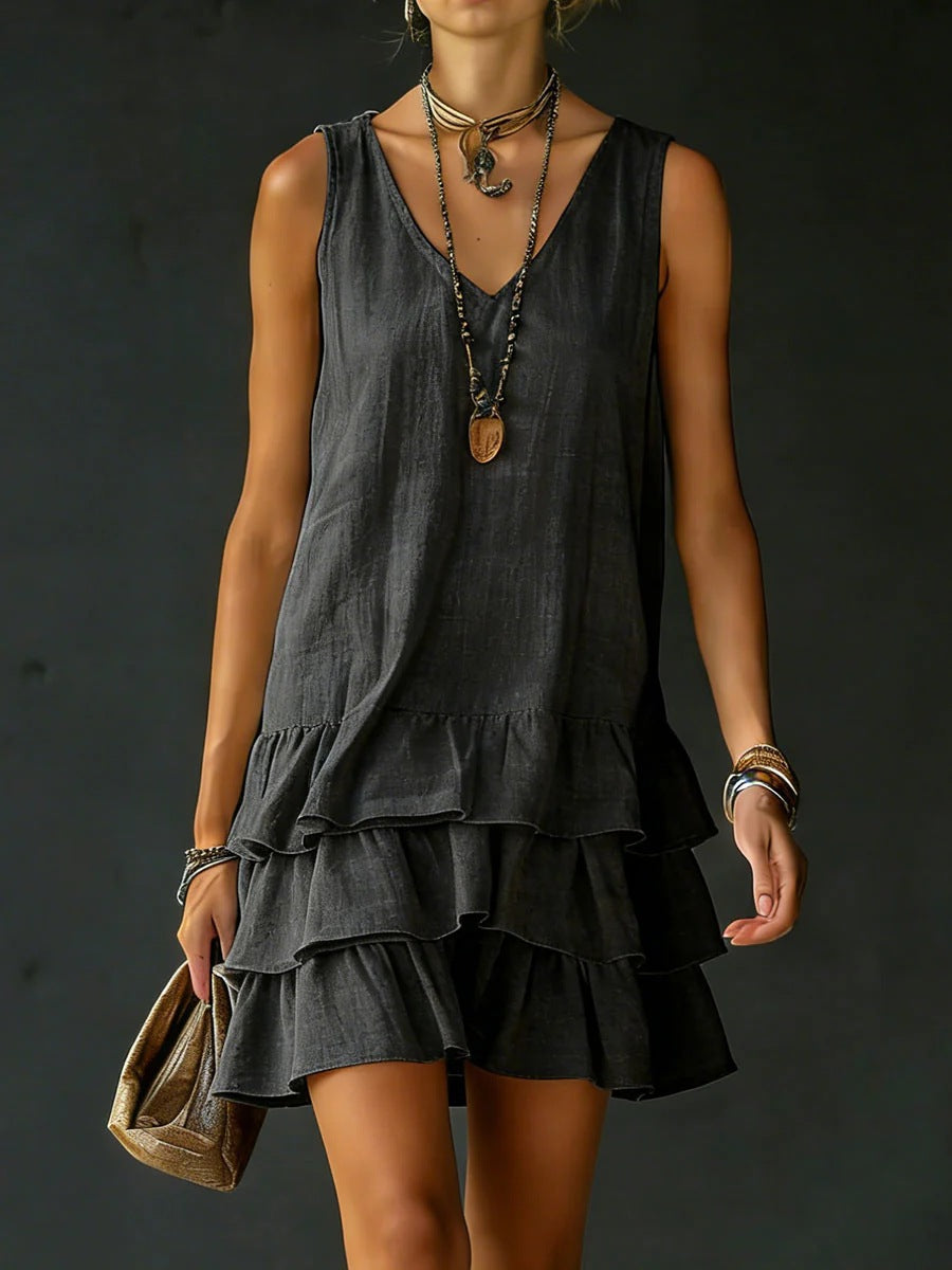 V-neck Cotton-linen Womens Fashionable Sleeveless Dress
