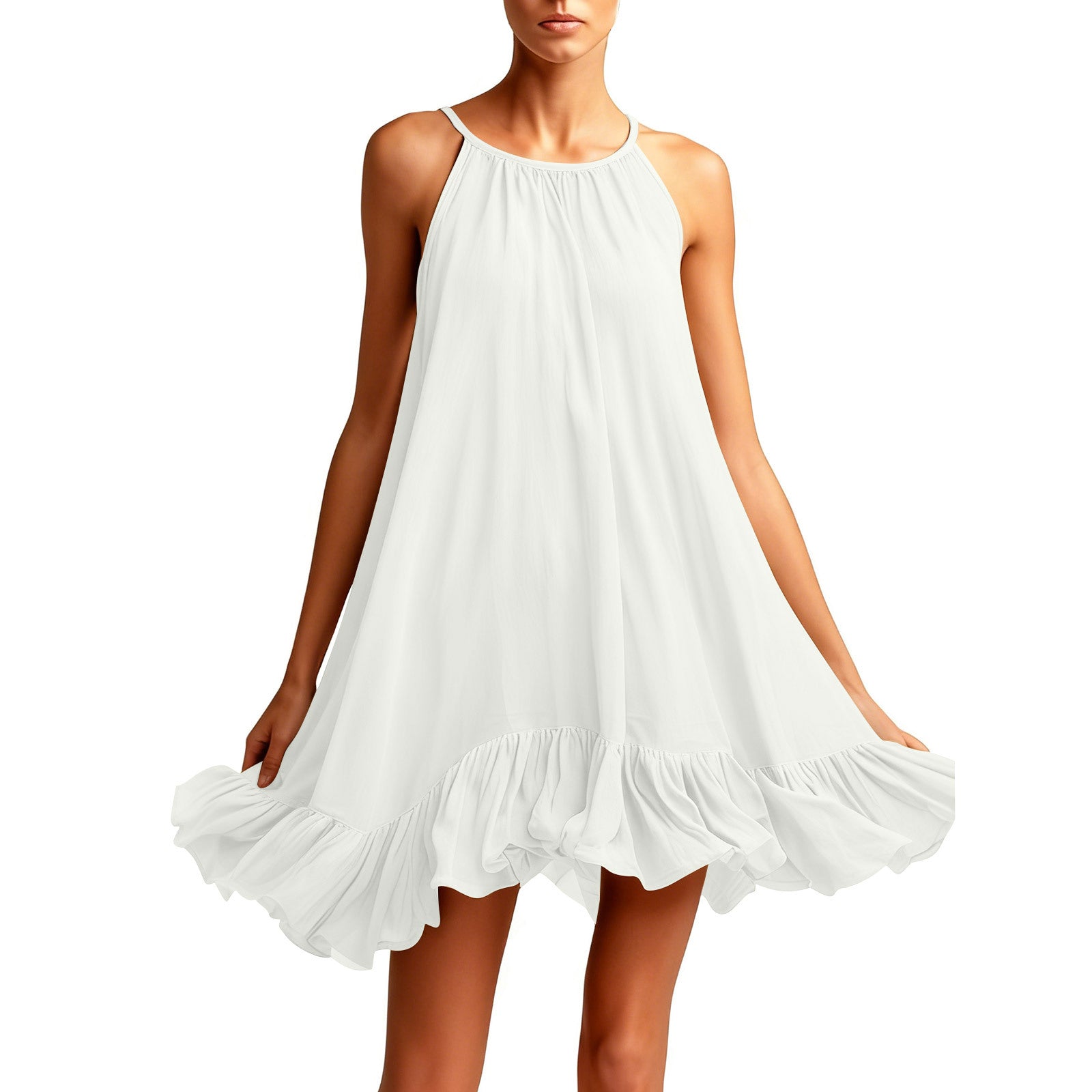 Sleeveless Pleated Womens Halterneck Casual Dress