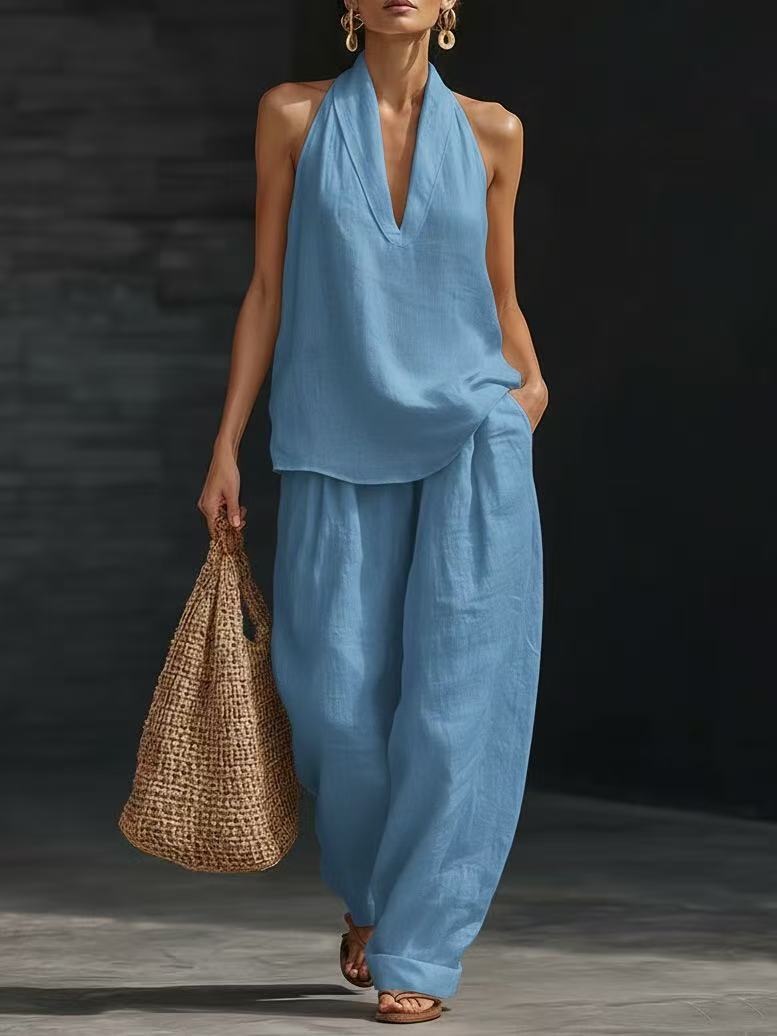 V-Neck Halter Top & Wide-Leg Pants Set
