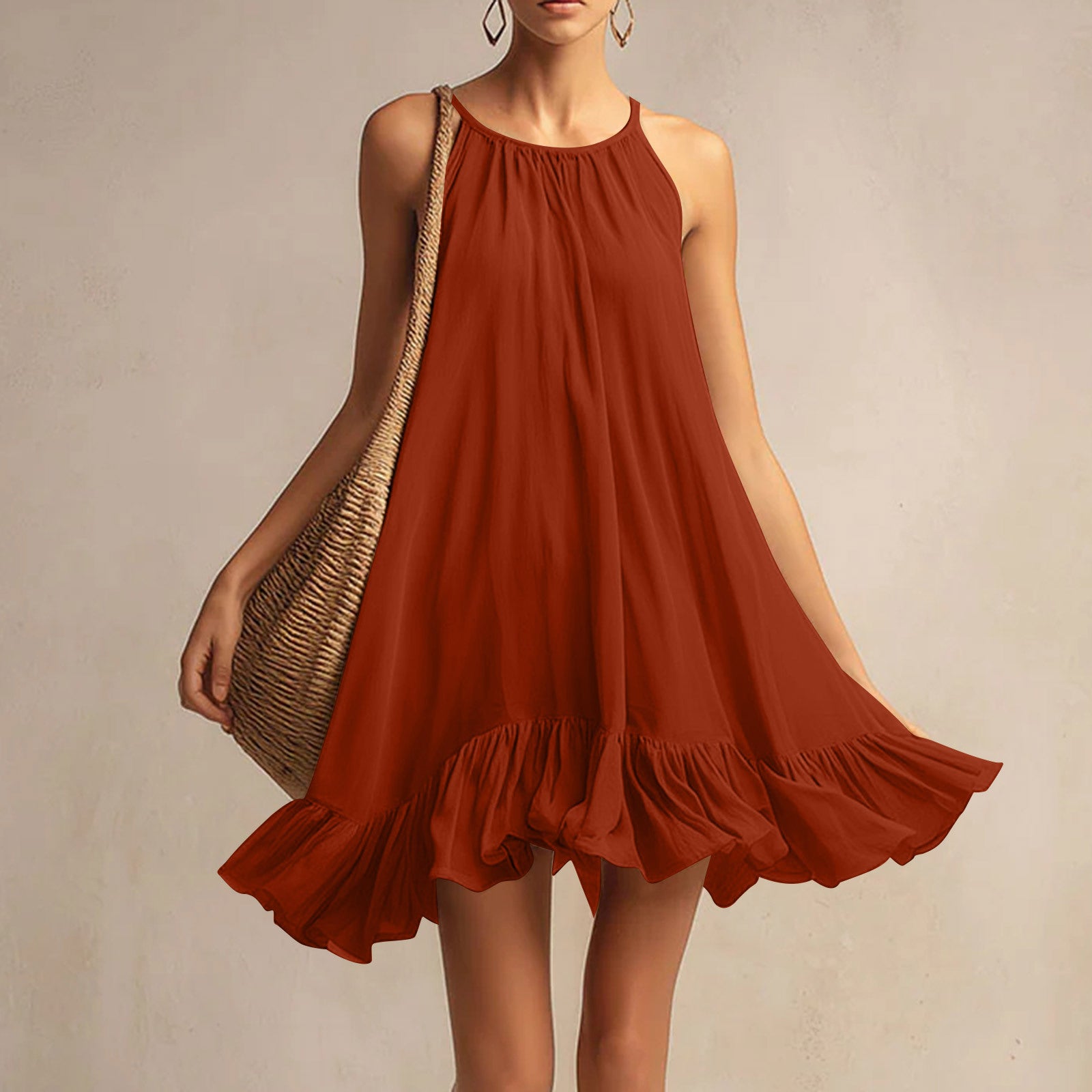 Sleeveless Pleated Womens Halterneck Casual Dress