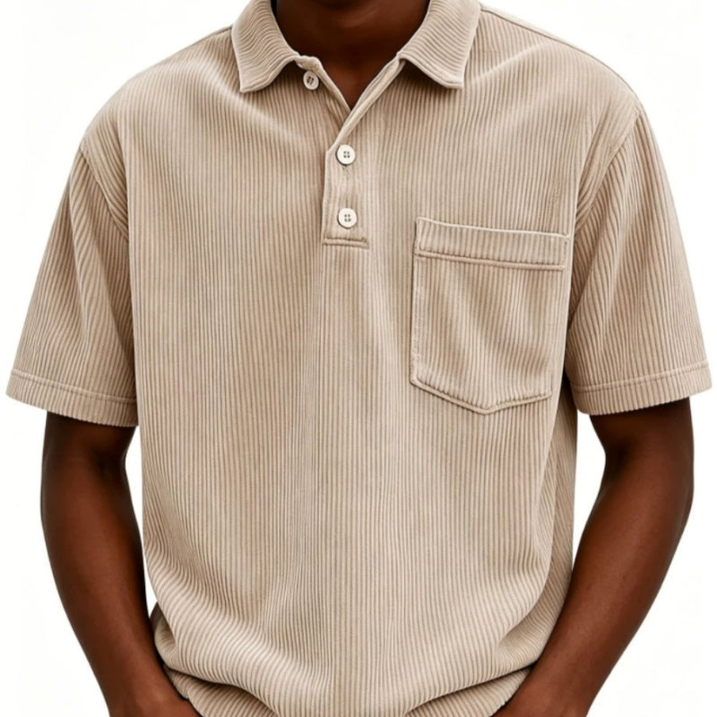 Mens Casual Corduroy Short-Sleeve Shirt With Buttons And A Lapel Collar