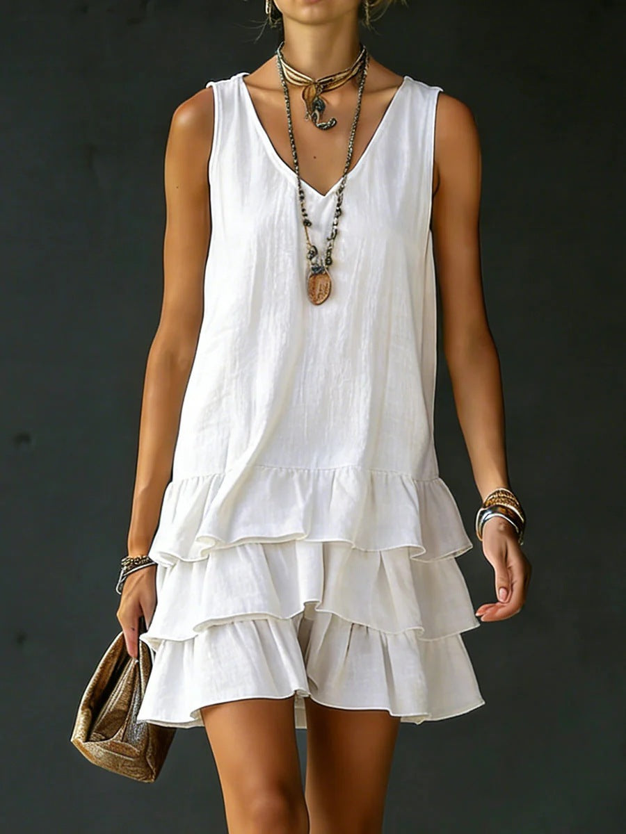 V-neck Cotton-linen Womens Fashionable Sleeveless Dress