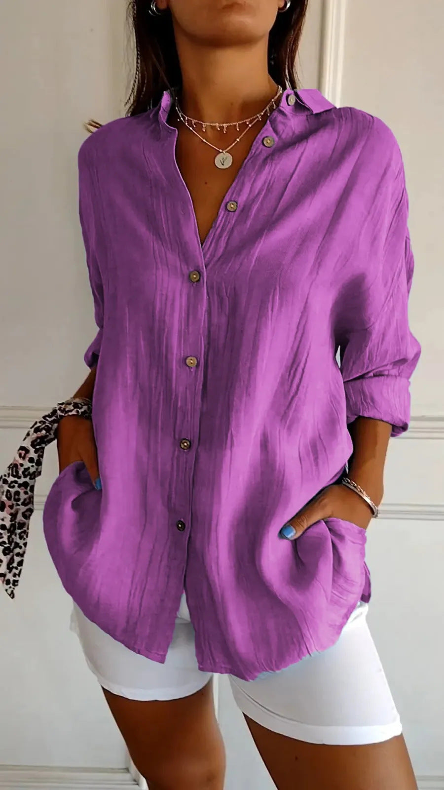 Women's Pleated Lapel Button Shirt