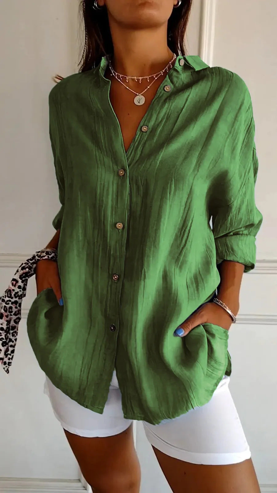 Women's Pleated Lapel Button Shirt
