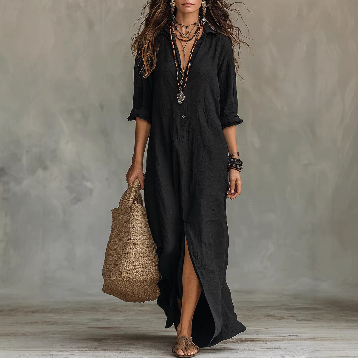 Lapel Collar Side-Slit Maxi Dress