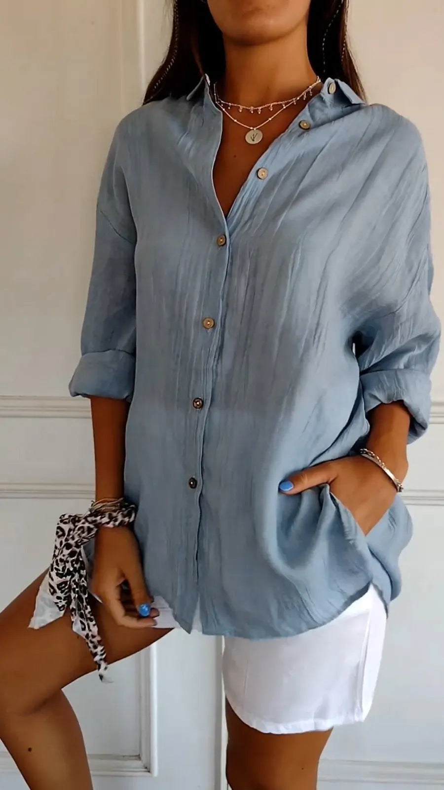 Women's Pleated Lapel Button Shirt