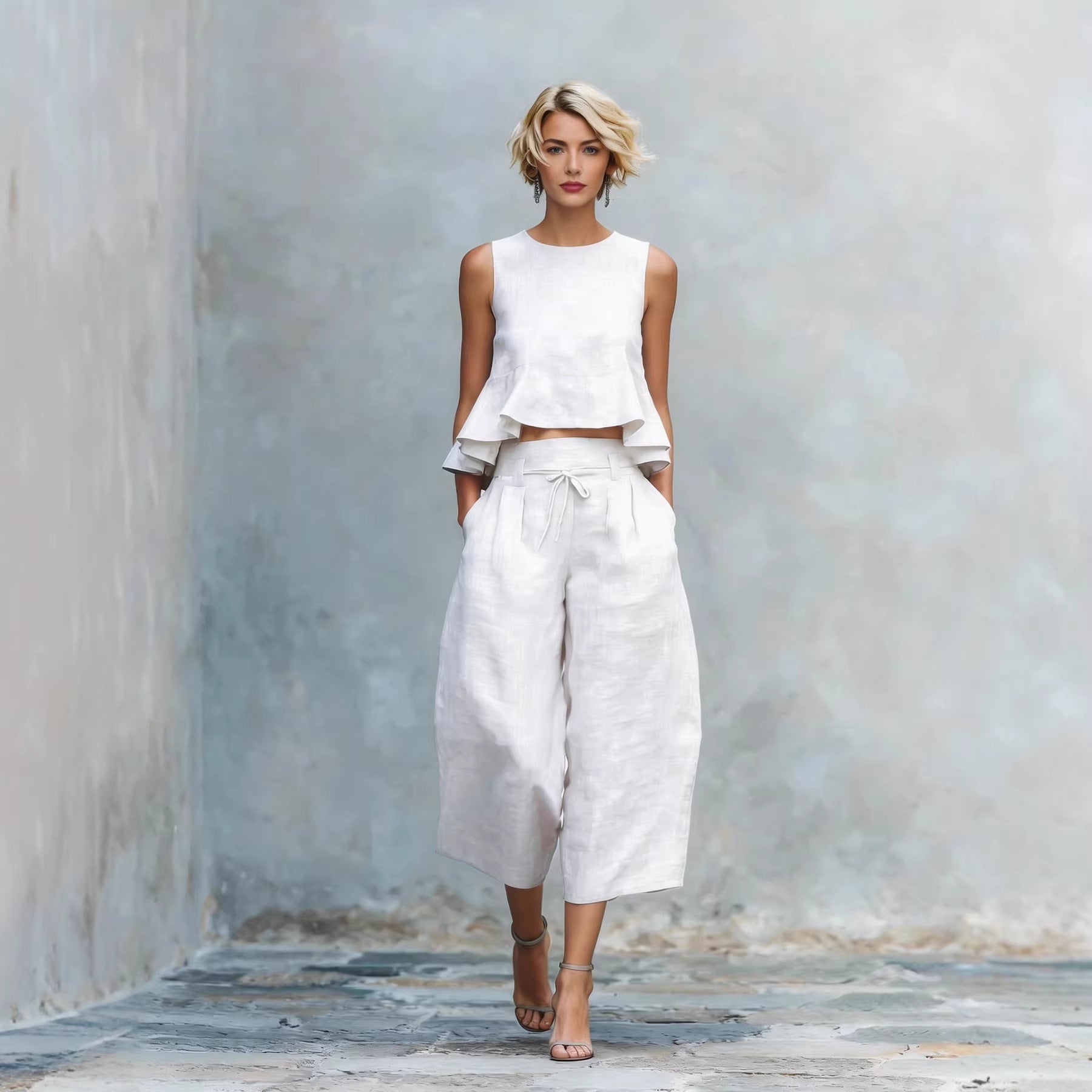 Ruffled Sleeveless Top & Wide-Leg Pants Set