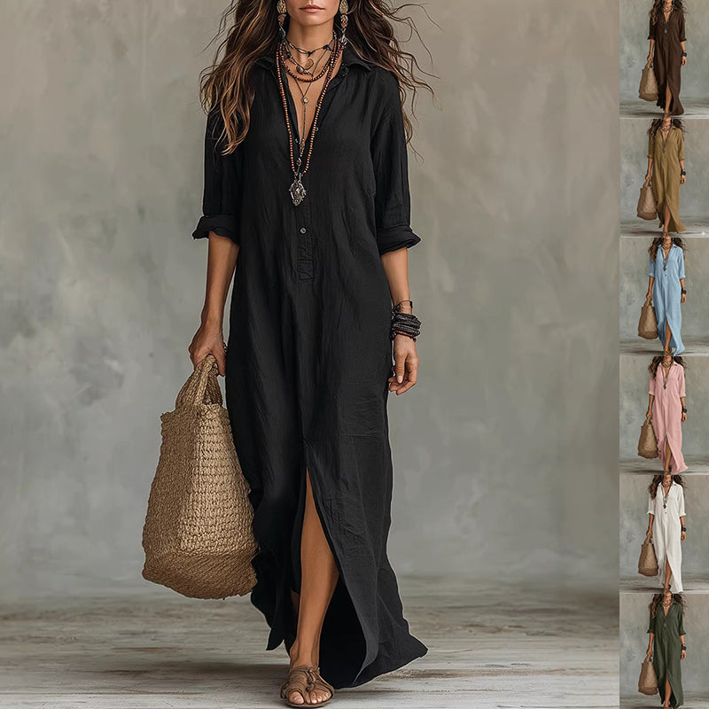Lapel Collar Side-Slit Maxi Dress