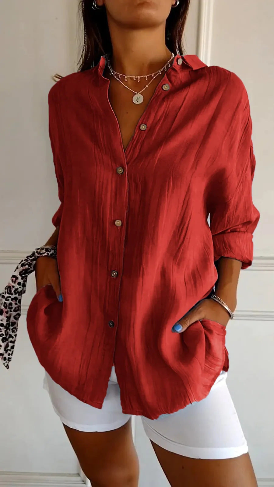 Women's Pleated Lapel Button Shirt