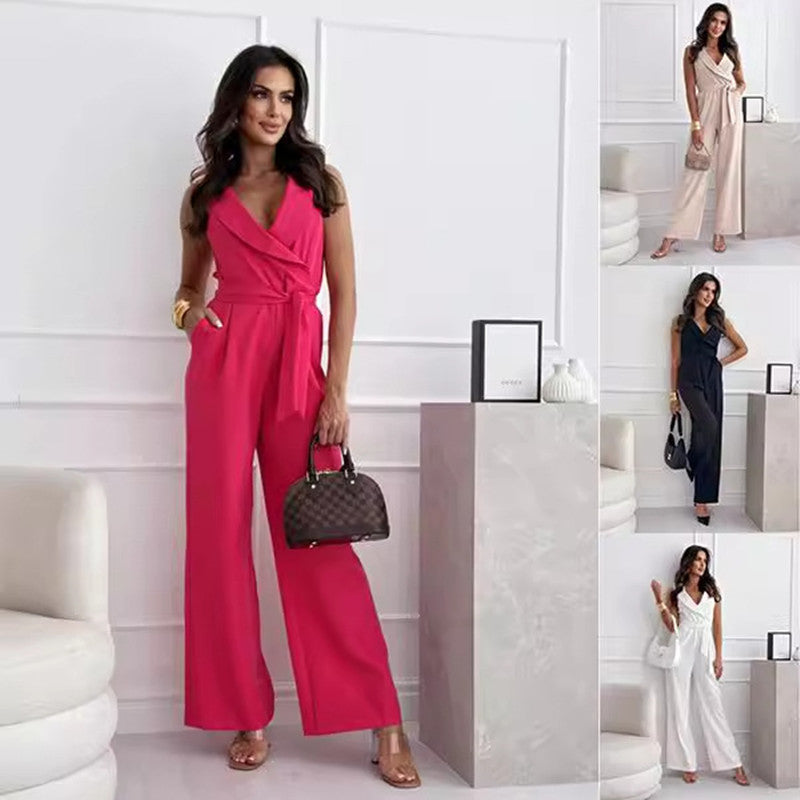 V-Neck Belted Sleeveless Jumpsuit