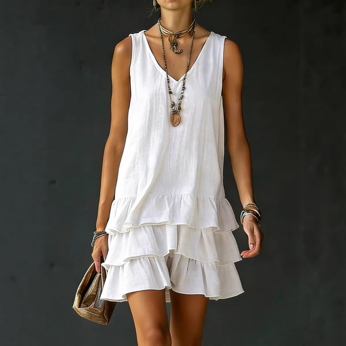 V-neck Cotton-linen Womens Fashionable Sleeveless Dress