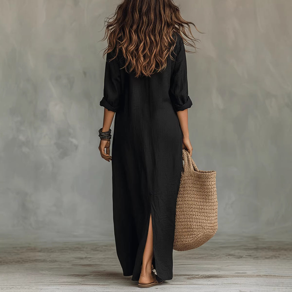 Lapel Collar Side-Slit Maxi Dress