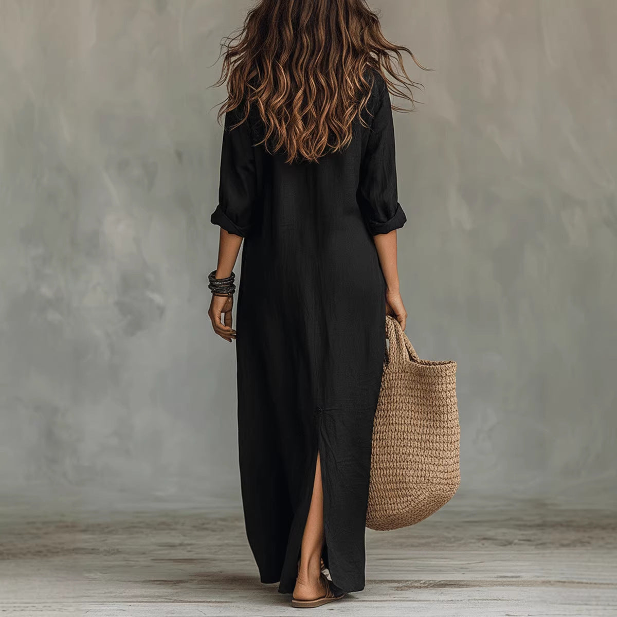 Lapel Collar Side-Slit Maxi Dress