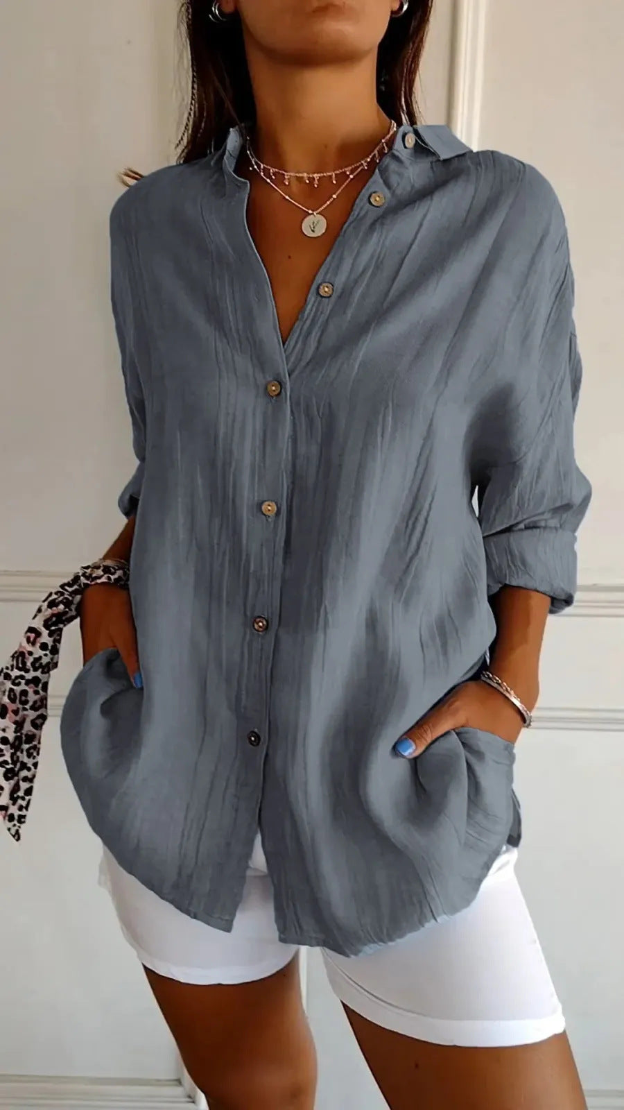 Women's Pleated Lapel Button Shirt